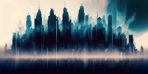 a picture of a city skyline with buildings, computer art, glitch art, cityscape, glitchy, ethereal, symmetrical, smoke - generative AI