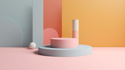 Abstract Pastel Step Up Podium with Gradient Dimensional Backdrop, Fun Geometric Shapes in Boho Aesthetic, Product Mock Up and Display for Cosmetic, Beauty, and Tech Products- Generative AI