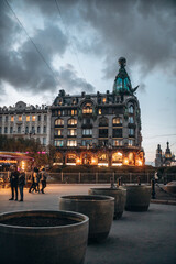 Ancient building in the Art Nouveau style in the evening light.