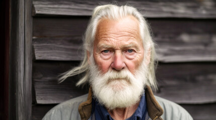 
Aged 72, a Swedish man with gray hair and beard stands, tired and dirty, against a weathered wooden wall. Overcast light reveals wrinkles, mirroring life's wear. Generative AI