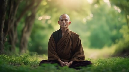 Obraz premium Portrait Buddhist monks praying and meditating, Generative AI