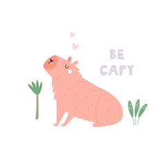 Vector illustration of a cool pink capybara and tropical leaves