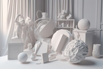 white minimalist table with various objects placed on top Generative AI