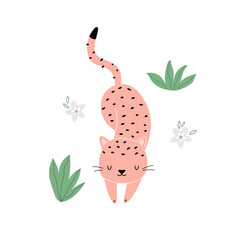 Vector illustration of a cute cheetah, tropical leaves and flowers