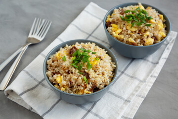 Homemade Fried Rice with Bacon and Egg in a Bowl, side view.