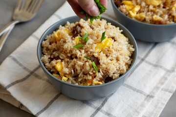 Homemade Fried Rice with Bacon and Egg in a Bowl, side view.