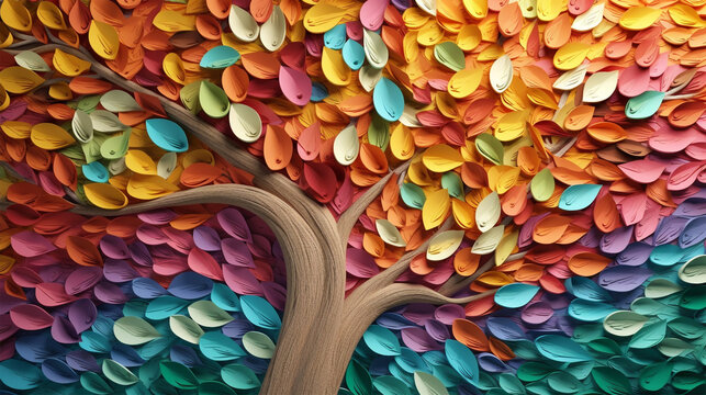 Colourful leaf tree. 3D Paper layer art for wallpaper or screensaver. Generative AI