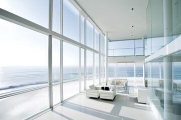 Fototapeta na wymiar Bright and Airy Living Room with White Furniture and Large Window Generative AI