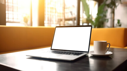 Laptop computer mock-up with cut out screen in cafe. Copy space. Based on Generative AI
