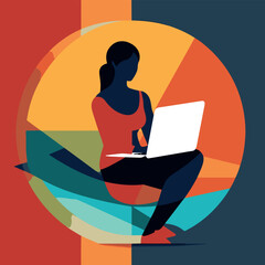 woman working on her laptop, abstract vector illustration