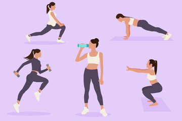 Woman workout set. Girl doing fitness. Flat vector illustration.