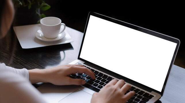 Close Up Of Hands Using Keyboard Of Laptop With Cut Out Screen. Based On Generative AI