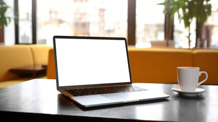 Laptop computer mock-up with cut out screen in cafe. Copy space. Based on Generative AI