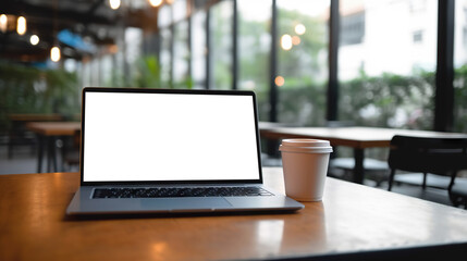 Laptop computer mock-up with cut out screen in cafe. Copy space. Based on Generative AI