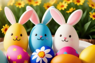 Colorful Easter eggs with cute little rabbit ears, holiday celebration, generative ai, pastelle color background