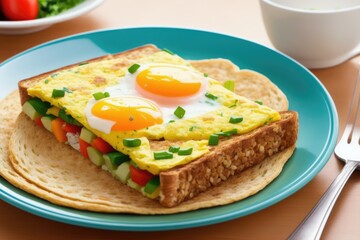 Fried omelette with vegetables on a plate on old wooden background, generative ai, colorful omelette chopped fresh parsley. Breakfast recipe with eggs. Closeup