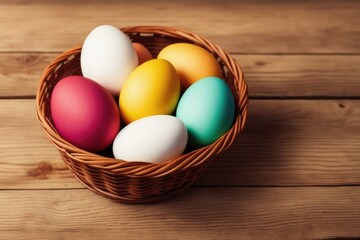 Easter eggs in the nest on rustic wooden background, generative ai, copyspace for text