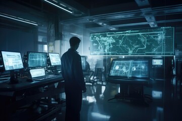 Fototapeta premium Person Standing in front of Futuristic Desk in a High-Tech Factory, Generative AI