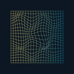 Distorted and warped neon laser grid on dark background. Retrowave, synthwave, rave, vaporwave.Trendy retro 1980s, 90s style