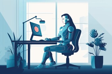 Productive Daily Tasks with AI Assistance, Futuristic work with robot, Generative AI