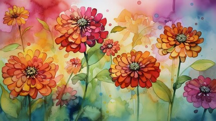 Zinnia Bliss: A Watercolor Symphony of Vibrant Colors