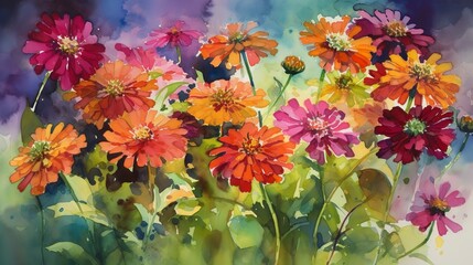 Fototapeta na wymiar Radiant Blooms: Watercolor Zinnias in Full Bloom
