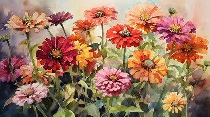 Garden Delights: Vibrant Zinnias in Watercolor - obrazy, fototapety, plakaty
