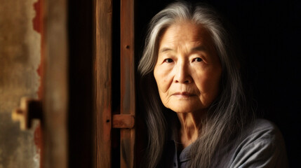 Fototapeta na wymiar In front of a rustic door, a 70-year-old Chinese woman, tired and worn, gazes softly. Her gray hair and wrinkles tell stories, lit gently by window light. Generative AI