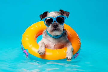 Dog summer inside of a inflatable ring and wearing sunglasses isolated on blue wallpaper. Generative AI