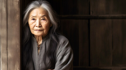 
In front of a rustic door, a 70-year-old Chinese woman, tired and worn, gazes softly. Her gray hair and wrinkles tell stories, lit gently by window light. Generative AI