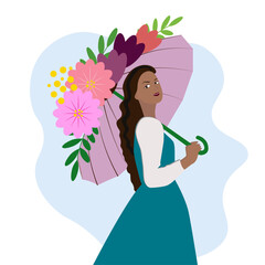 Beautiful dark-skinned girl with an umbrella and flowers
