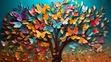 autumn leaves background with butterflies around the tree. Generative AI