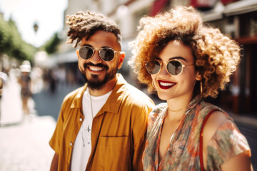 A radiant mixed race couple, hand in hand, joyfully explore sunny Barcelona, basking in love and laughter as they discover the city's wonders together. Generative AI