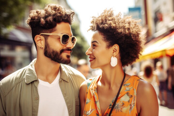 A radiant mixed race couple, hand in hand, joyfully explore sunny Barcelona, basking in love and laughter as they discover the city's wonders together. Generative AI