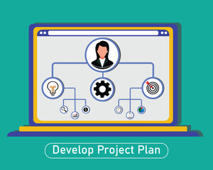 Project-plan concept illustration. Drawing circle mark and creative icon notes. Flat style vector template.