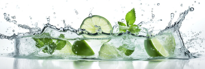 Fototapeta na wymiar Water splash on white background with lime slices, mint leaves, and ice cubes as a concept for summertime libations, generative ai