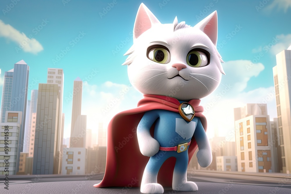 Poster Cute Cartoon Cat Superhero with a City Background