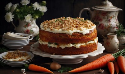  a carrot cake with white frosting and carrots around it.  generative ai