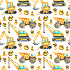 Construction vehicles watercolor seamless pattern, digital paper. Construction site. Building machines. Excavator, dump truck, truck crane. Baby print. Cars for children. For printing on textiles