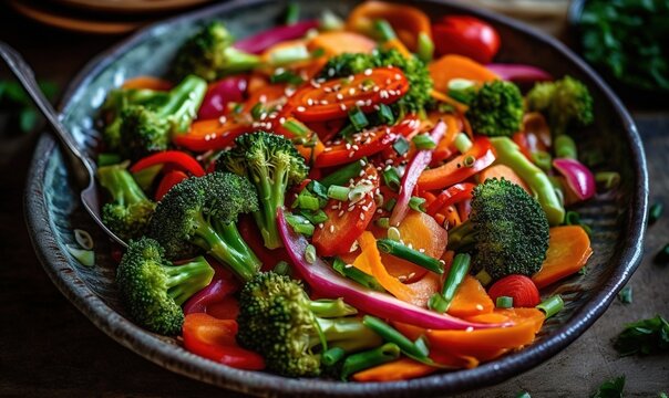  a plate of vegetables with broccoli and peppers on a table.  generative ai