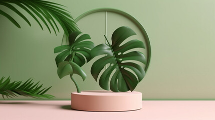 Fototapeta na wymiar Plastic Step Up Podium with Gradient Lime Green Pastel Backdrop, Tropical Palm Leaf, Product Mock Up and Display for Cosmetic, Beauty, and Tech Products- Generative AI