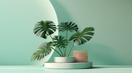 Obraz premium Plastic Step Up Podium with Gradient Lime Green Pastel Backdrop, Tropical Palm Leaf, Product Mock Up and Display for Cosmetic, Beauty, and Tech Products- Generative AI