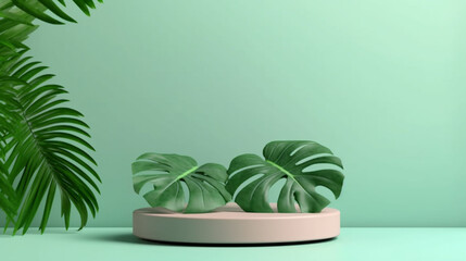 Obraz na płótnie Canvas Plastic Step Up Podium with Gradient Lime Green Pastel Backdrop, Tropical Palm Leaf, Product Mock Up and Display for Cosmetic, Beauty, and Tech Products- Generative AI
