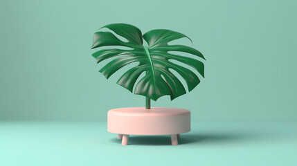 Plastic Step Up Podium with Gradient Lime Green Pastel Backdrop, Tropical Palm Leaf, Product Mock Up and Display for Cosmetic, Beauty, and Tech Products- Generative AI