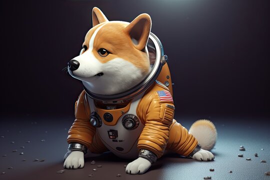 A Shiba Inu dog in an astronaut costume. cryptographic logo of the shibu token. Background with a dog. the concept of cryptography. copyspace. generative ai