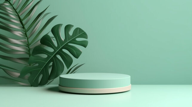 Plastic Step Up Podium with Gradient Lime Green Pastel Backdrop, Tropical Palm Leaf, Product Mock Up and Display for Cosmetic, Beauty, and Tech Products- Generative AI © AnArtificialWonder