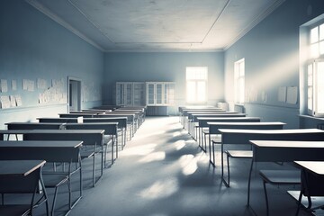 an empty classroom with neatly arranged desks and chairs Generative AI