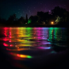 Fototapeta na wymiar Rainbow glow in dark with colorful water reflection at night, generative ai