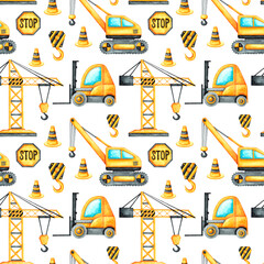 Construction site watercolor seamless pattern, digital paper. Construction equipment, machines. Crane, truck crane, forklift. Road signs. Baby boy print. For printing on fabric, textiles, paper