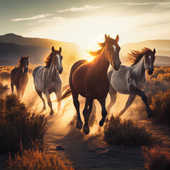 Horses running in the sunrise